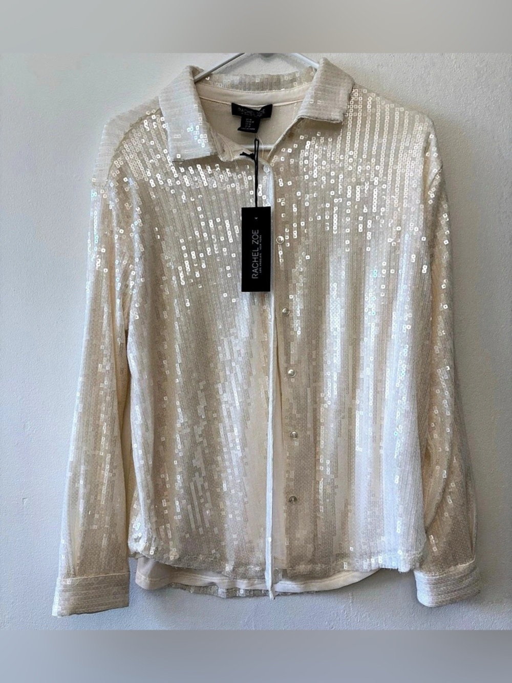 NWT Rachel Zoe Ivory Champagne Sequin Button Down Shirt Size M